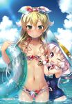  1girl ;d absurdres bikini blonde_hair blue_sky blush blush_stickers breasts bulge cloud cowboy_shot day fang futami_seiji groin hat heart heart-shaped_pupils highres innertube kouguchi_moto light_smile long_hair looking_at_viewer maradonna medium_breasts multiple_girls navel nipples one-piece_swimsuit one_eye_closed open_mouth otoko_no_ko pink_hair purple_eyes school_swimsuit sky smile spread_nipple sun_hat swimsuit symbol-shaped_pupils tincle_twinkle_festival wading wet yellow_eyes 