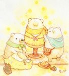  artist_name bag bear clothed_animal colored_pencil_(medium) hat hat_removed headwear_removed kneeling mannequin no_humans original st.kuma standing traditional_media watercolor_(medium) 