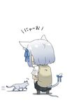  8_page absurdres alternate_costume animal_ears bad_id bad_pixiv_id cat cat_ears cat_tail hair_ribbon hamakaze_(kantai_collection) highres kantai_collection kneehighs ribbon school_uniform short_hair silver_hair simple_background skirt solo tail tail_ribbon translated white_background 