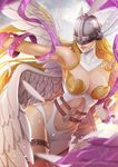  angel_wings angewomon armpits artist_name bare_shoulders belt breasts cleavage covered_eyes digimon facebook_username feathered_wings helmet_over_eyes hips large_breasts lips magion02 md5_mismatch navel o-ring parted_lips signature smile solo standing teeth thigh_strap watermark web_address white_wings wings 