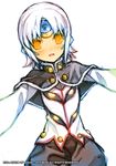  2010 another_code_(elsword) black_capelet capelet character_name copyright elsword eve_(elsword) forehead_jewel orange_eyes outstretched_arms ress shirt short_hair smile solo spread_arms white_background white_hair 