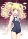  amano_yuu blonde_hair covered_navel cowboy_shot green_eyes long_hair monica_weisswind name_tag old_school_swimsuit one-piece_swimsuit open_mouth outline plaid plaid_background princess_connect! school_swimsuit solo sparkle standing swimsuit twintails 