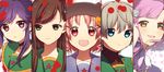  blonde_hair blood blood_splatter blue_eyes brown_hair ebisuzawa_kurumi expressionless gakkou_gurashi! green_eyes hair_ornament hairclip highres looking_at_viewer multiple_girls naoki_miki pink_hair purple_hair red_eyes sakura_megumi smile takeya_yuki tokiwa_(io) wakasa_yuuri yellow_eyes 