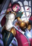  arm_behind_back asymmetrical_armor bangs black_hair blue_eyes breasts cape covered_navel fiora_laurent gauntlets hair_over_one_eye holding holding_sword holding_weapon indoors large_breasts league_of_legends lens_flare looking_at_viewer multicolored_hair negister pants parted_lips pauldrons pink_hair rapier short_hair skylight solo sunlight swept_bangs sword two-tone_hair weapon 