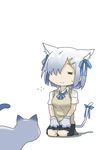  8_page absurdres alternate_costume animal animal_ears bad_id bad_pixiv_id cat cat_ears cat_tail closed_eyes hair_ornament hair_over_one_eye hair_ribbon hairclip hamakaze_(kantai_collection) highres kantai_collection kneehighs ribbon school_uniform seiza short_hair silver_hair simple_background sitting skirt smile solo tail tail_ribbon white_background 