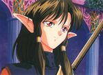  brown_hair elf long_hair megami_paradise pointy_ears red_eyes smile solo yoshizane_akihiro 