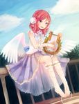 :d ankle_lace-up arm_garter bangs bare_shoulders barefoot blouse bow cross-laced_footwear day feathered_wings flower full_body garters hair_flower hair_ornament headset instrument love_live! love_live!_school_idol_project low_wings lyre mozukuzu_(manukedori) music nishikino_maki on_railing open_mouth outdoors playing_instrument purple_skirt railing red_eyes red_hair short_hair sitting skirt sky sleeveless smile solo swept_bangs white_blouse white_bow white_wings wings 