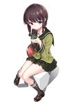  absurdres brown_hair cup full_body highres kantai_collection kikimi kitakami_(kantai_collection) kneehighs loafers looking_at_viewer pleated_skirt purple_eyes school_uniform serafuku shoes sidelocks simple_background sitting skirt solo tea tray white_background 
