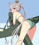  ahoge aircraft airplane akitsushima_(kantai_collection) aqua_bikini bikini blush hat kantai_collection looking_at_viewer mini_hat nishikitaitei-chan open_mouth ponytail purple_eyes silver_hair solo swimsuit takanashi_kei_(hitsujikan) 