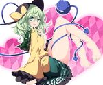  bare_legs barefoot bow floral_print green_eyes green_hair hat hat_bow heart heart-shaped_pupils komeiji_koishi long_sleeves looking_at_viewer open_mouth sakurame shirt skirt smile soles solo symbol-shaped_pupils third_eye touhou wide_sleeves 