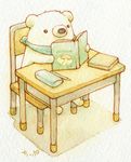  artist_name bear book chair clothed_animal colored_pencil_(medium) desk no_humans original reading school_desk sitting st.kuma traditional_media watercolor_(medium) 