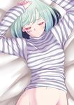  arms_up borrowed_character bottomless green_hair hands_on_own_head heriwo_(haraheridou) highres lying on_back original out-of-frame_censoring pink_eyes shirt short_hair solo striped striped_shirt tattoo 