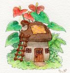  artist_name colored_pencil_(medium) door flower grass house ladder mushroom no_humans original patch plant signature st.kuma traditional_media watercolor_(medium) window 