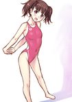  absurdres arena_(company) brown_hair competition_swimsuit highres kuri_(kurigohan) long_hair one-piece_swimsuit original pink_swimsuit red_eyes solo standing stretch swimsuit twintails 