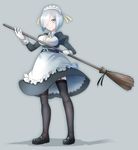  alternate_costume alternate_legwear apron blue_eyes breasts broom comah dress enmaided garter_straps gloves hair_ornament hair_over_one_eye hairclip hamakaze_(kantai_collection) kantai_collection maid maid_headdress medium_breasts short_hair silver_hair smile solo thighhighs white_gloves 