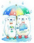  bear bow bowtie colored_pencil_(medium) no_humans original rain st.kuma standing traditional_media umbrella watercolor_(medium) 