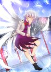  bow bowtie building covering_mouth dress feathers jacket kishin_sagume nanaharu_(0420) one_eye_closed red_eyes round_window short_hair silver_hair single_wing solo touhou wings 