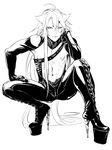  boots full_body gloves greyscale high_heel_boots high_heels kogitsunemaru long_hair looking_at_viewer male_focus monochrome navel nipples simple_background solo squatting touken_ranbu very_long_hair white_background zuwai_kani 