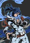  blue_eyes blue_hair indesign long_hair male_focus ponytail scarf solo strider_(video_game) strider_hien weapon 