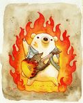  arm_up artist_name bear brown_background clothed_animal colored_pencil_(medium) denim denim_vest electric_guitar fire flame_print full_body guitar holding holding_instrument instrument no_humans original solo st.kuma standing traditional_media watercolor_(medium) 