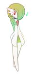  airalin_(mark_folks) alternate_costume arms_behind_back blush commentary eighth_note english_commentary gardevoir gen_3_pokemon green_hair highres mark_folks musical_note no_humans pokemon pokemon_(creature) red_eyes simple_background skirt smile solo standing white_background 