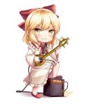  1girl absurdres amplifier blonde_hair bow bow_(instrument) cable chibi dress erhu frilled_dress frills furrowed_eyebrows grin hair_between_eyes hair_bow highres holding holding_instrument instrument juliet_sleeves leg_up long_sleeves looking_at_viewer neck_ribbon nyungsep puffy_sleeves red_footwear red_neckwear ribbon satsuki_rin short_hair simple_background slippers smile solo standing touhou white_background white_dress yellow_eyes 