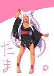  animal_ears ankle_wrap barefoot breasts cleavage contrapposto dark_skin fang fox_ears full_body heriwo_(haraheridou) highres japanese_clothes kimono long_hair looking_at_viewer medium_breasts no_bra off_shoulder original short_kimono solo standing tail very_long_hair white_hair yellow_eyes 
