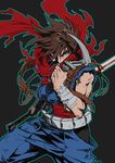  blue_eyes brown_hair indesign male_focus ninja scarf solo strider_(video_game) strider_hiryuu weapon 