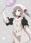  apron drill_hair duster grey_background head_scarf idolmaster idolmaster_cinderella_girls kanzaki_ranko long_hair mizuki_makoto red_eyes silver_hair solo star twin_drills twintails 