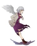  ;d brown_footwear dress hand_on_own_chest jacket kishin_sagume nyula_xiaola one_eye_closed open_mouth red_eyes shoes short_hair silver_hair single_wing smile touhou wings 