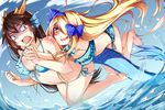  argyle argyle_bikini barefoot bikini black_hair blonde_hair blue_bikini blush bow breasts dragon_girl dragon_horns fang feet female_pervert grabbing grabbing_from_behind hair_bow hairband head_fins heart heart-shaped_pupils horns karin_(p&amp;d) large_breasts long_hair multiple_girls open_mouth pandora_(p&amp;d) pervert puzzle_&amp;_dragons smile soles sweatdrop swimsuit symbol-shaped_pupils toes turn_pale zuo_wei_er 