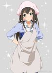  apron brown_hair green_eyes grey_background head_scarf idolmaster idolmaster_cinderella_girls long_hair mizuki_makoto shibuya_rin solo star 