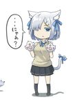  8_page absurdres alternate_costume animal_ears bad_id bad_pixiv_id blue_eyes cat cat_ears cat_paws cat_tail hair_ornament hair_over_one_eye hair_ribbon hairclip hamakaze_(kantai_collection) highres kantai_collection kneehighs looking_at_viewer o_o paws ribbon school_uniform short_hair silver_hair simple_background skirt solo standing tail tail_ribbon translated white_background 