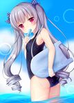  amashiro_natsuki ass bad_id bad_pixiv_id blue_sky day flat_ass flat_chest food hair_ribbon highres kickboard long_hair looking_at_viewer one-piece_swimsuit original pink_eyes popsicle ribbon school_swimsuit silver_hair sky solo swimsuit twintails very_long_hair water wet wet_hair 