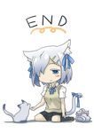  8_page absurdres alternate_costume animal animal_ears bad_id bad_pixiv_id cat cat_ears cat_paws cat_tail hair_ornament hair_over_one_eye hair_ribbon hairclip hamakaze_(kantai_collection) highres kantai_collection kneehighs paws ribbon school_uniform seiza short_hair silver_hair simple_background sitting skirt smile solo tail wariza white_background 