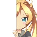  abukuma_(kantai_collection) blonde_hair blue_eyes double_bun eyebrows_visible_through_hair kantai_collection long_hair looking_at_viewer nagineko peeking_out remodel_(kantai_collection) school_uniform serafuku smile solo transparent_background twintails vector_trace 