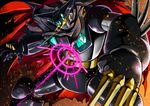  black_getter cape getter_robo glowing glowing_eyes hawe_king mecha no_humans robot shin_getter_robo spikes super_robot torn_clothes weapon 