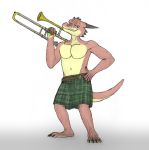  2018 anthro artemis_lamphuth_(character) barefoot belt biped bulge claws clothed clothing dragonborn dungeons_&amp;_dragons feet full-length_portrait hi_res holding_musical_instrument horn kilt male matydraws_(artist) musical_instrument navel pattern_clothing pecs penis_outline pinup plaid portrait pose scales scalie simple_background smile smirk smug solo standing tartan_clothing teeth toes topless trombone 