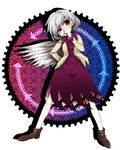  arrow blush brown_footwear directional_arrow dress hand_on_own_face harusame_(unmei_no_ikasumi) head_tilt jacket kishin_sagume long_sleeves looking_at_viewer open_clothes open_jacket purple_dress red_eyes shoes silver_hair single_wing solo touhou uneven_eyes white_wings wings 