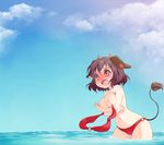  accidental_exposure animal_ears bikini bikini_top_removed blush breasts brown_hair cloud cow_ears cow_tail day embarrassed highres holmy_(show_by_rock!!) horns large_breasts navel nipples open_mouth red_eyes short_hair show_by_rock!! sky solo stomach swimsuit tail tail_raised takano_natsuki topless wardrobe_malfunction 