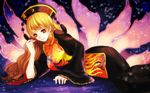  black_dress blonde_hair chinese_clothes crescent dress fox_tail hat junko_(touhou) long_hair long_sleeves looking_at_viewer lying multiple_tails natsume_k on_side red_eyes sash smile solo tabard tail touhou wide_sleeves 