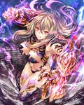  action armor armpits breasts brown_eyes cleavage clenched_hand clenched_teeth company_name eikou_no_guardian_battle full_body gauntlets glowing glowing_eyes groin head_wings hexagon highres large_breasts light_trail long_hair looking_at_viewer madogawa midriff navel official_art parted_lips revealing_clothes silver_hair solo teeth 