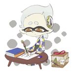  1girl book cage child commentary_request domino_mask homework hotaru_(splatoon) inoue_seita japanese_clothes kimono mask mole mole_under_eye official_art pointy_ears short_hair silver_hair solo splatoon_(series) splatoon_1 symbol-shaped_pupils table writing yellow_eyes younger 