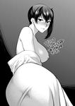  ass bad_id bad_pixiv_id blush breasts greyscale highres kaga_(kantai_collection) kantai_collection large_breasts looking_at_viewer monochrome nipples off_shoulder shoukaki_(earthean) side_ponytail solo translation_request 