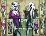  2015 advertisement anthro bed_sheet butt claws clothed clothing dakimakura_design distracting_watermark english_text female green_eyes grey_nose hair james_m_hardiman looking_at_viewer lori lying mammal on_back pussy shirt skunk solo teeth text tongue watermark white_hair 