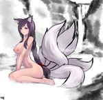  1girl ahri animal_ears breasts cat_ears feet fox_tails kim_yj kneeling league_of_legends long_hair nipples nude ponytail purple_eyes purple_hair sitting smile tail 