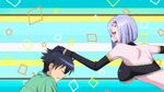  1boy 1girl animated animated_gif breasts elbow_gloves gloves kurusu_kimihito large_breasts monster_girl monster_musume_no_iru_nichijou rachnera_arachnera red_eyes short_hair underboob 