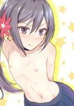  akebono_(kantai_collection) bell black_hair blush collarbone flat_chest flower hair_bell hair_flower hair_ornament jingle_bell kanden_suki kantai_collection long_hair looking_at_viewer navel nipples purple_eyes skirt solo star stomach tears topless very_long_hair 