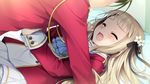  1girl blonde_hair blush dutch_angle flower game_cg hair_flower hair_ornament hair_ribbon hello_lady imageboard_sample jpeg_artifacts long_hair lying on_back on_bed open_mouth pushing_away ribbon saeki_hokuto solo_focus takazaki_eru very_long_hair 