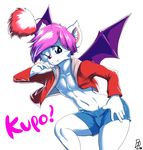 2015 anthro anthrofied bat_wings blue_eyes byondrage clothing denim_shorts final_fantasy front_view fur girly hair inner_ear_fluff jacket looking_at_viewer male moogle one_eye_closed purple_hair shorts simple_background small_wings smile solo tuft video_games white_background white_fur wings wink 